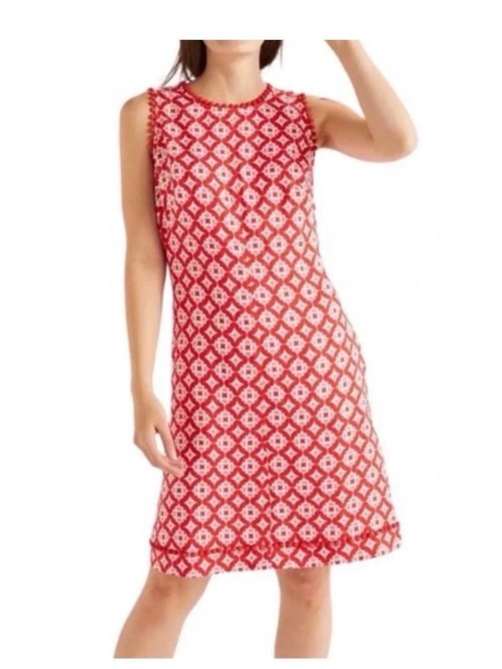 Boden Romaine Pom Linen Shift Swing Dress In Post Box Red Diamond Drop Sz 2 NWT